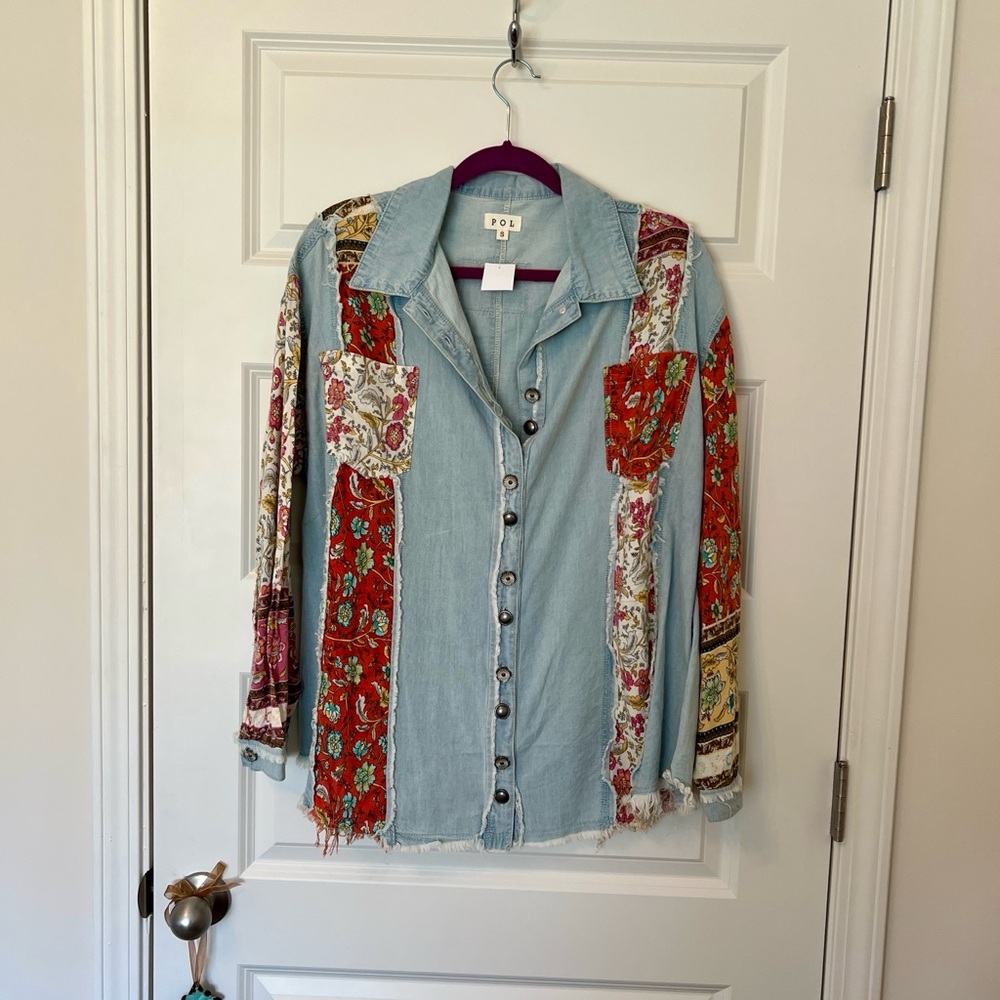 POL Light Blue Denim Button-Down Shirt with Red Floral Patchwork